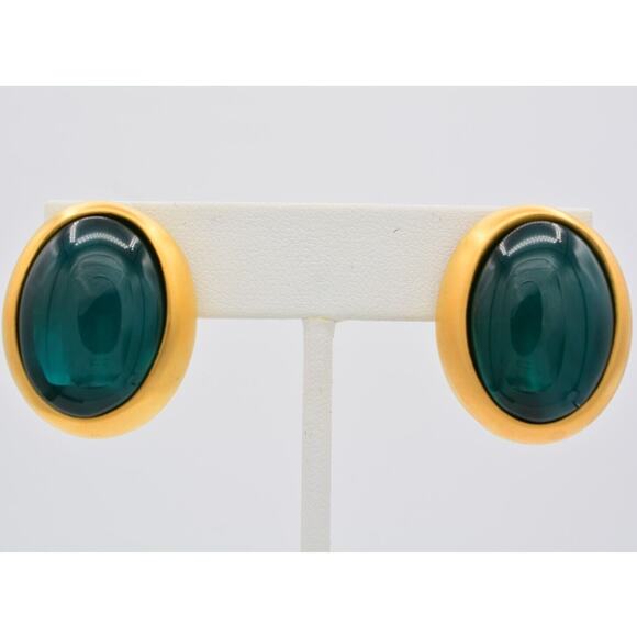 Givenchy Vintage Cabochon Clip On Earrings Teal Brushed Gold Chunky Signed BinAY - Picture 1 of 12